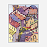 Expressionist-style painting of a narrow street lined with yellow and orange houses featuring bold purple and red rooftops under a pale blue sky.