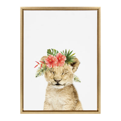 Sylvie Flower Crown Lion Cub Framed Canvas by Amy Peterson Art Studio