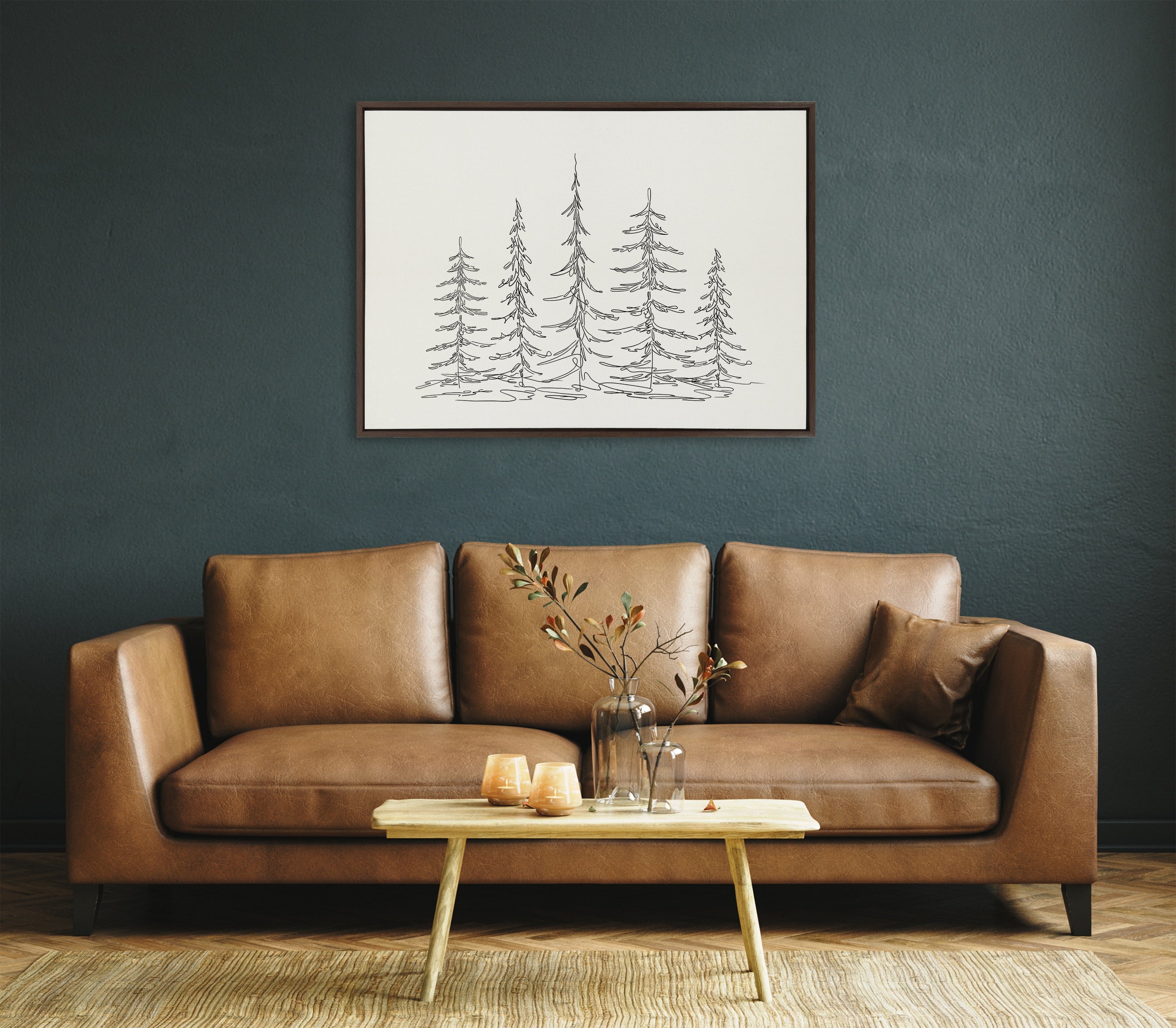 Sylvie Minimalist Evergreen Trees Sketch Framed Canvas