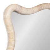 Curved corner of a scalloped mirror frame made from wrapped light beige rattan with natural texture variations, surrounding smooth reflective glass.