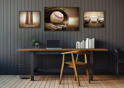 Sylvie Three Vintage Bats, Baseball Glove at Home Plate and Three Vintage Baseballs Framed Canvas Art Set