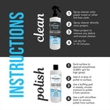 Instruction graphic with two Promise Pro bottles labeled epoxy cleaner and epoxy polish, each accompanied by step-by-step usage instructions on a black and white background with blue and white text.