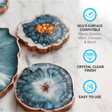 Three resin coasters with blue and white agate-like patterns and copper edges, placed on a white marble surface with product benefit icons beside them.