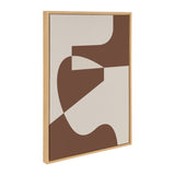 Abstract canvas art with clean geometric shapes in brown and beige tones framed in light wood, featuring curved and angular forms intersecting dynamically.