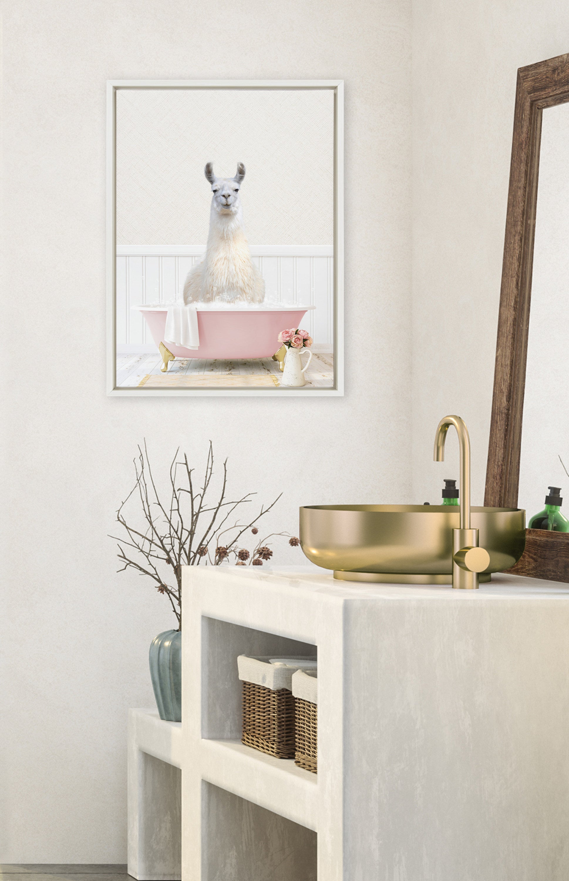 Sylvie Llama in Cottage Rose Bath Framed Canvas by kateandlaurel - product image 10 for Resin Society