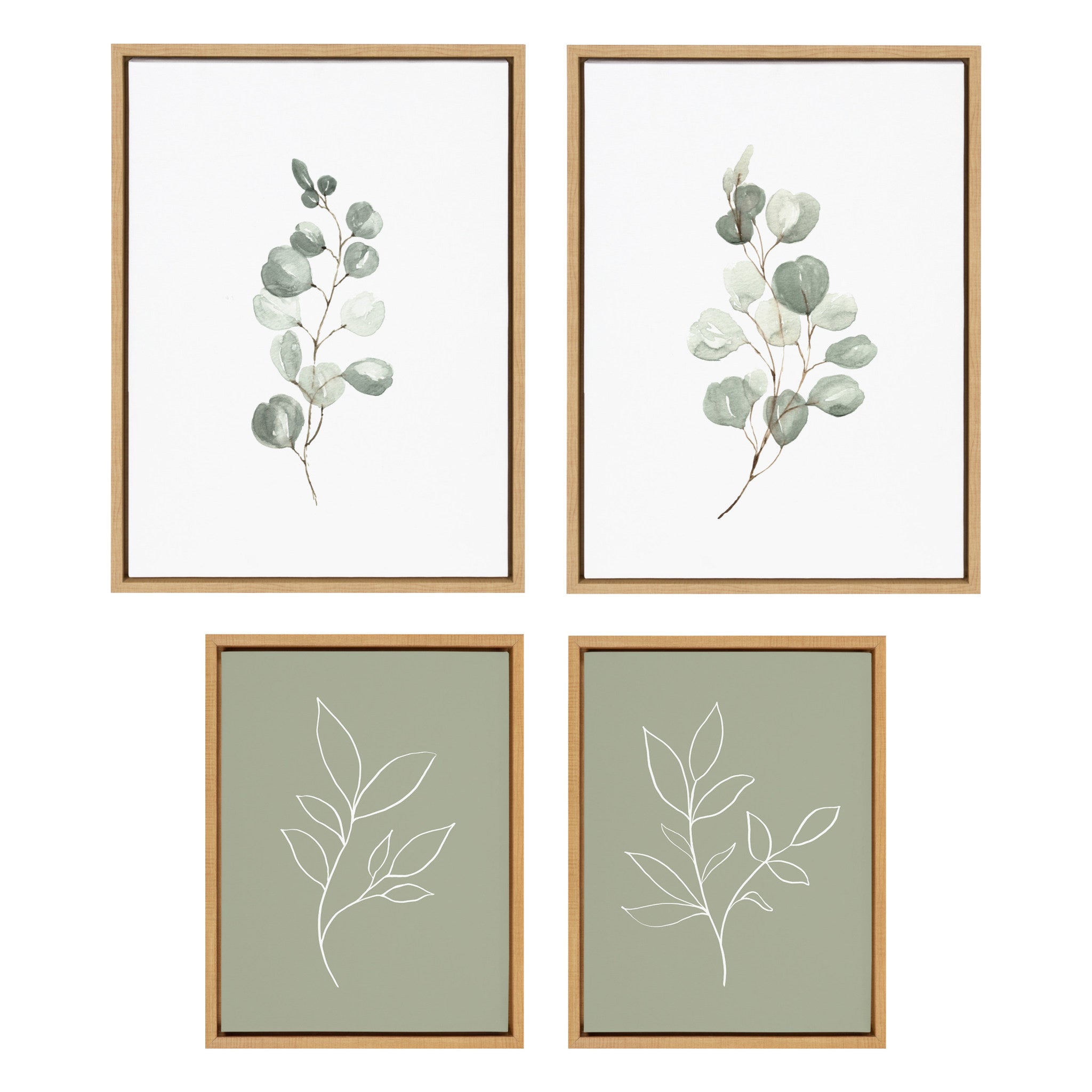 Four-piece framed canvas art set with eucalyptus and sage green botanical line sketch prints