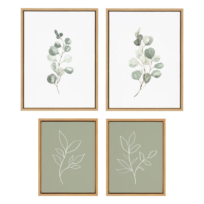 Four-piece framed canvas art set with eucalyptus and sage green botanical line sketch prints