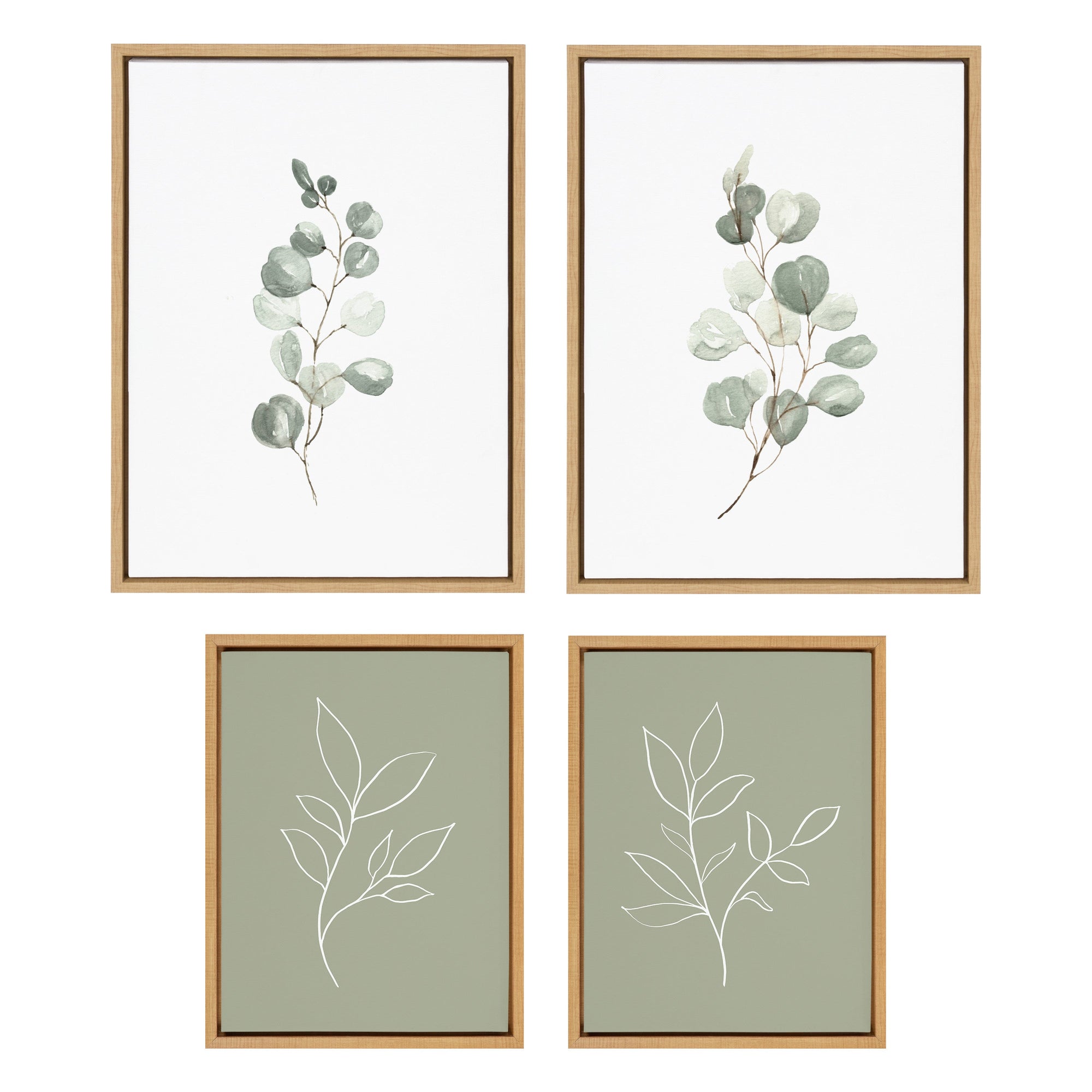 Sylvie Eucalyptus 4a, 4b & Modern Sage Green Botanical Line Sketch 4-Piece Canvas Art Set