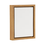 Rectangular blank white canvas in a light natural wood frame with visible grain, shown angled against a white background.