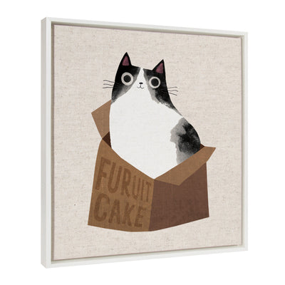 Sylvie Furuit Cake Framed Canvas showing a kitten nestled inside a box, floating polystyrene frame in white, 22x22 inches
