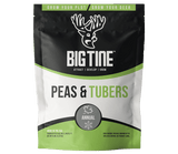 Black and green bag of Big Tine Peas & Tubers seed with white deer head logo and text emphasizing annual crop and usage for growing deer food plots.