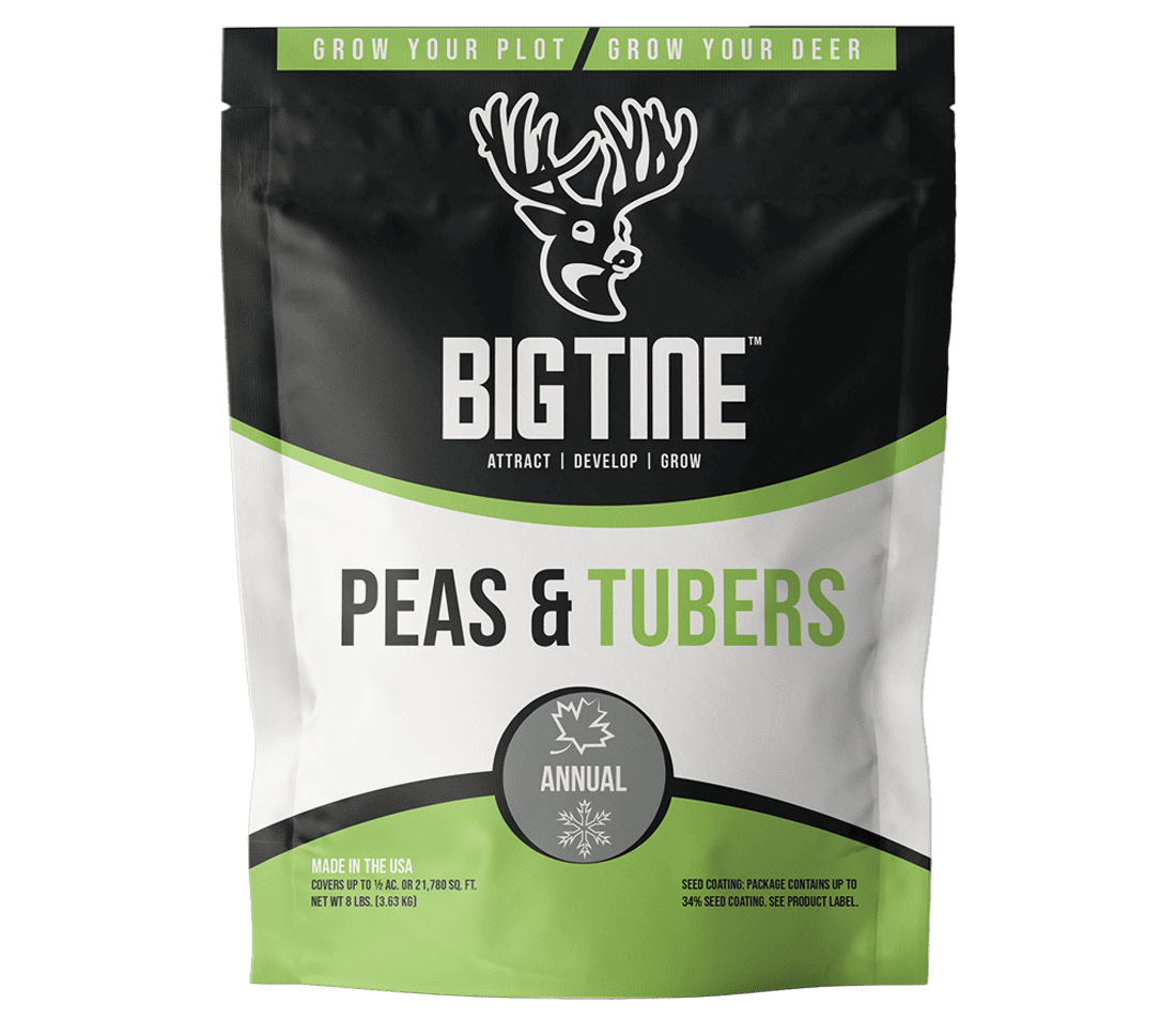 Black and green bag of Big Tine Peas & Tubers seed with white deer head logo and text emphasizing annual crop and usage for growing deer food plots.
