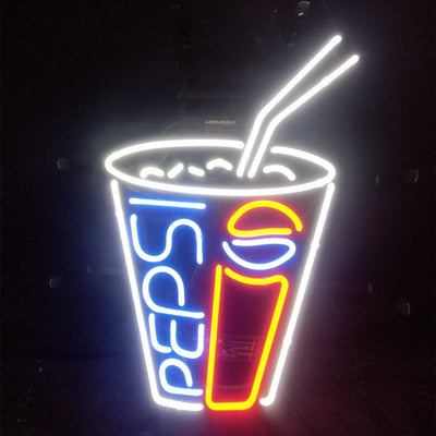 Pepsi Coke Cup Neon Sign glowing indoors with vibrant neon light