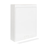 Minimalist white wall cabinet with clean lines, rectangular shape, and a removable horizontal trim piece below the door, shown against a white background.