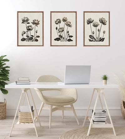 Sylvie Simple Modern Linocut Neutral Lotus Flowers Framed Canvas Art Set