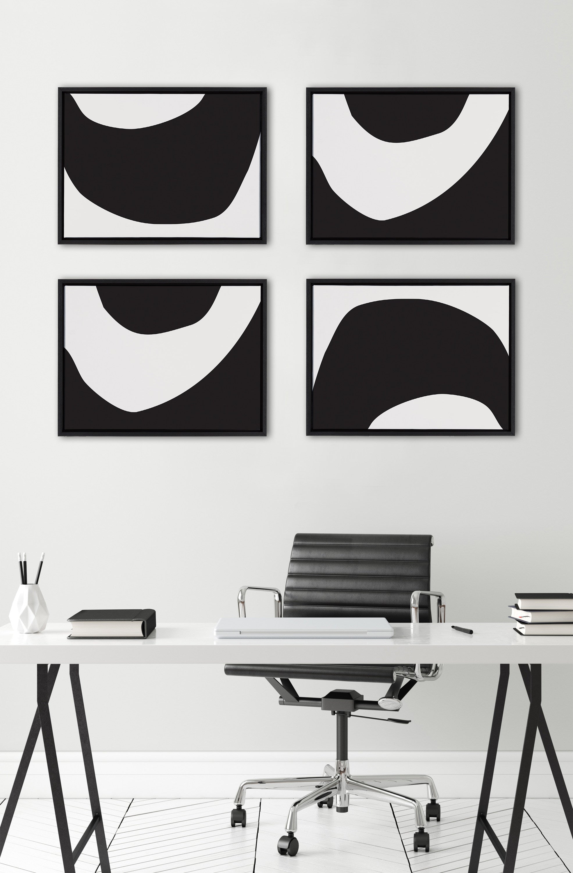 Sylvie Minimal Modern Organic Abstraction 1 and 2 Black and White Framed Canvas Art Set