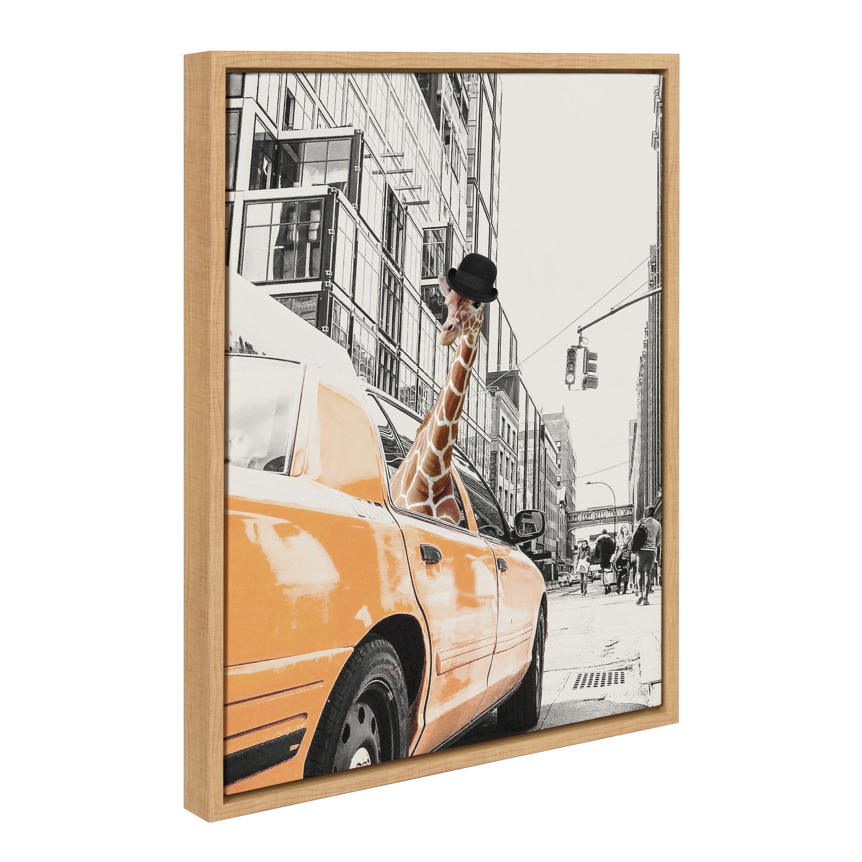 Framed canvas art 'Sylvie Giraffe in New York' showing a giraffe in a yellow New York taxi against an urban background