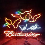 Pheasant Hunter Budweiser Neon Signs Light glowing with a warm red and white neon glow on a metal grid backing