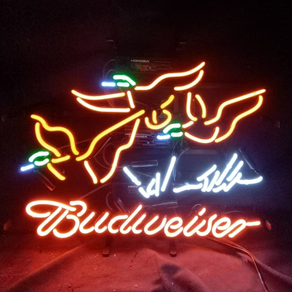 Pheasant Hunter Budweiser Neon Signs Light glowing with a warm red and white neon glow on a metal grid backing