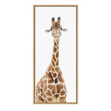 Portrait of a standing giraffe with detailed brown and white patterns on its neck and body, centered against a plain white background in a vertical wooden frame.