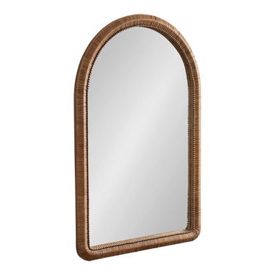 Rahfy Beaded Arch Framed Wall Mirror with textured rattan and beaded edge hanging on a white wall