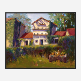 Impressionistic painting of a white stucco house with red-tiled roofs surrounded by lush green foliage and a sunlit garden table in the foreground.