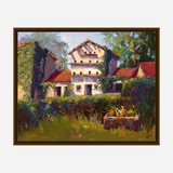 Impressionist painting of a sunlit white house with red roofs surrounded by green vines and foliage, with a table in the foreground covered by plants and flowers.