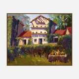 Impressionist-style painting of a pale multi-story building with small pigeonholes, red roofs, surrounded by greenery and trees, and a garden planter in foreground.