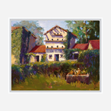 Impressionist-style painting of a white multi-story rural building with red roofs, surrounded by dense green foliage and a small table set outdoors in the foreground.