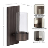 Matte gunmetal wall sconce with ribbed rectangular backplate and clear glass cylinder holder for a flameless pillar candle, dimensions annotated.