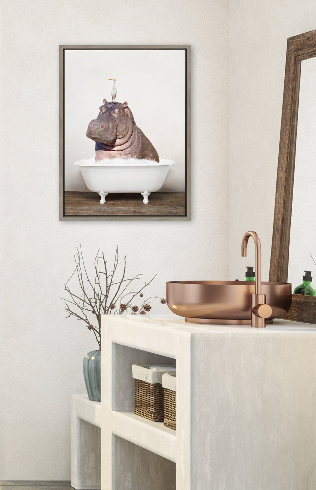 Sylvie Hippo and Bird in Rustic Bath Framed Canvas by kateandlaurel - product image 4 for Resin Society
