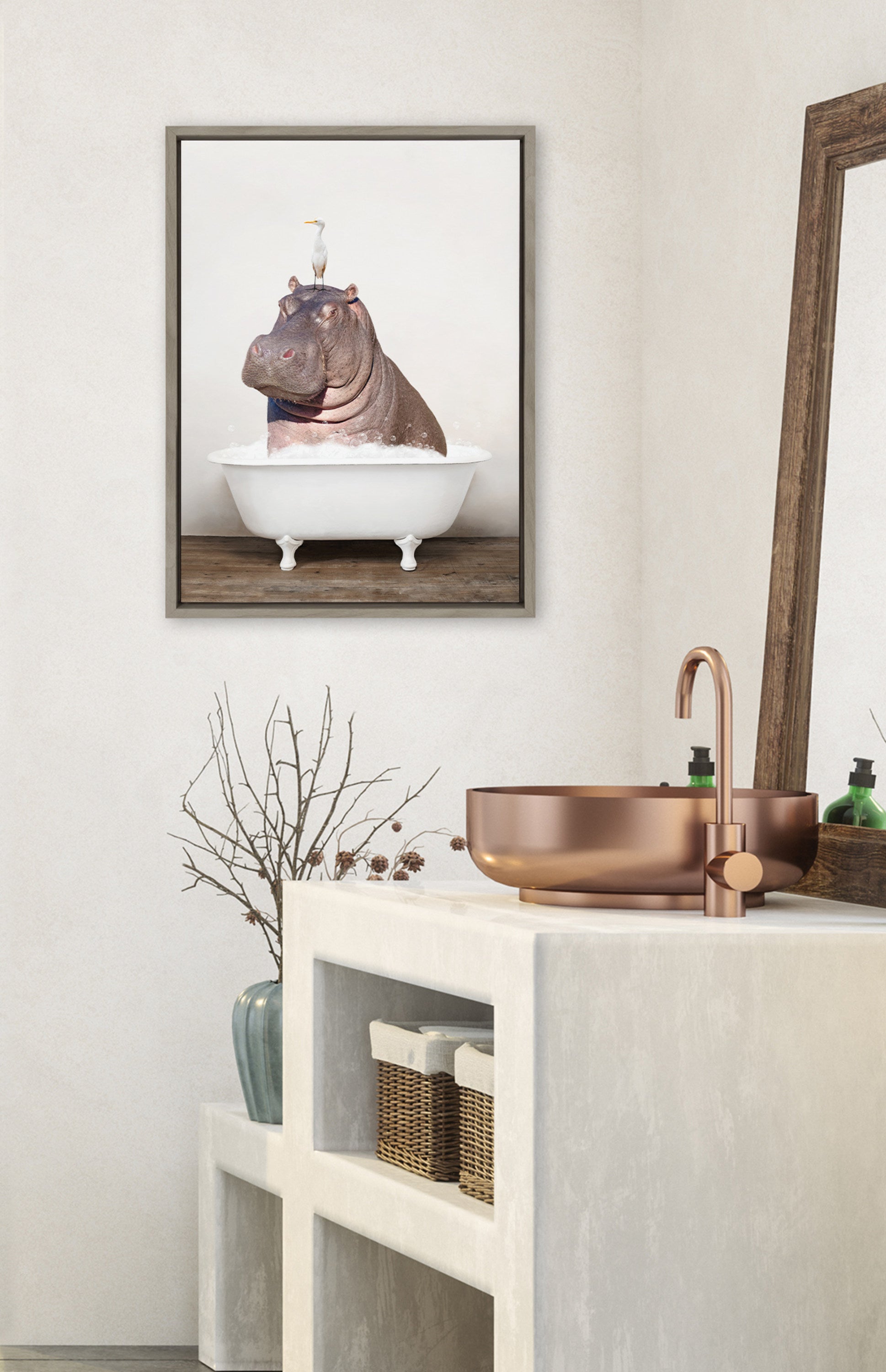 Sylvie Hippo and Bird in Rustic Bath Framed Canvas by kateandlaurel - product image 4 for Resin Society