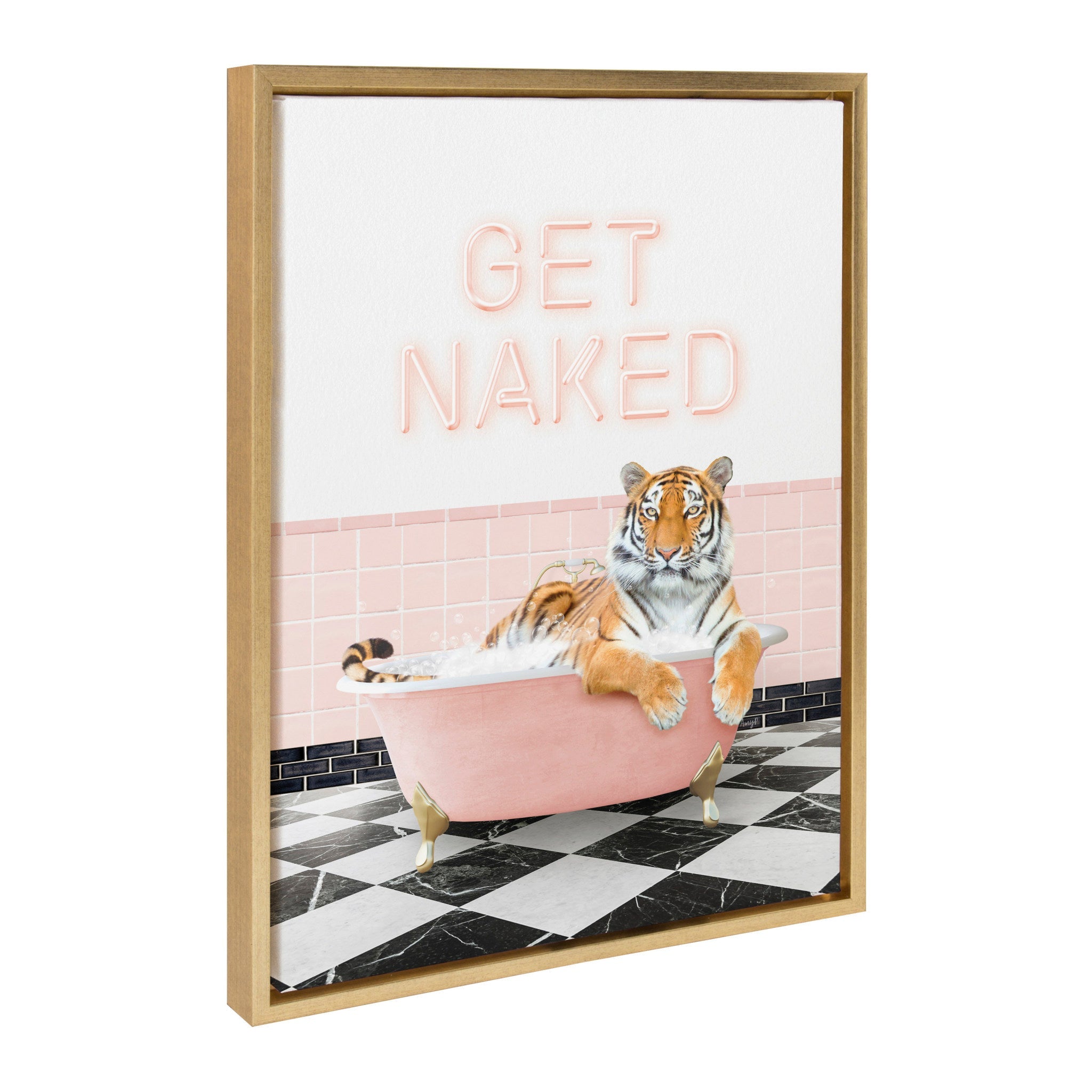 Framed canvas art showing a tiger relaxing in a bright pink vintage bathtub with a bright gold frame