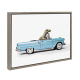Sylvie Dino Driving 1958 Blue Corvette framed canvas art with a dinosaur driving a blue Corvette car