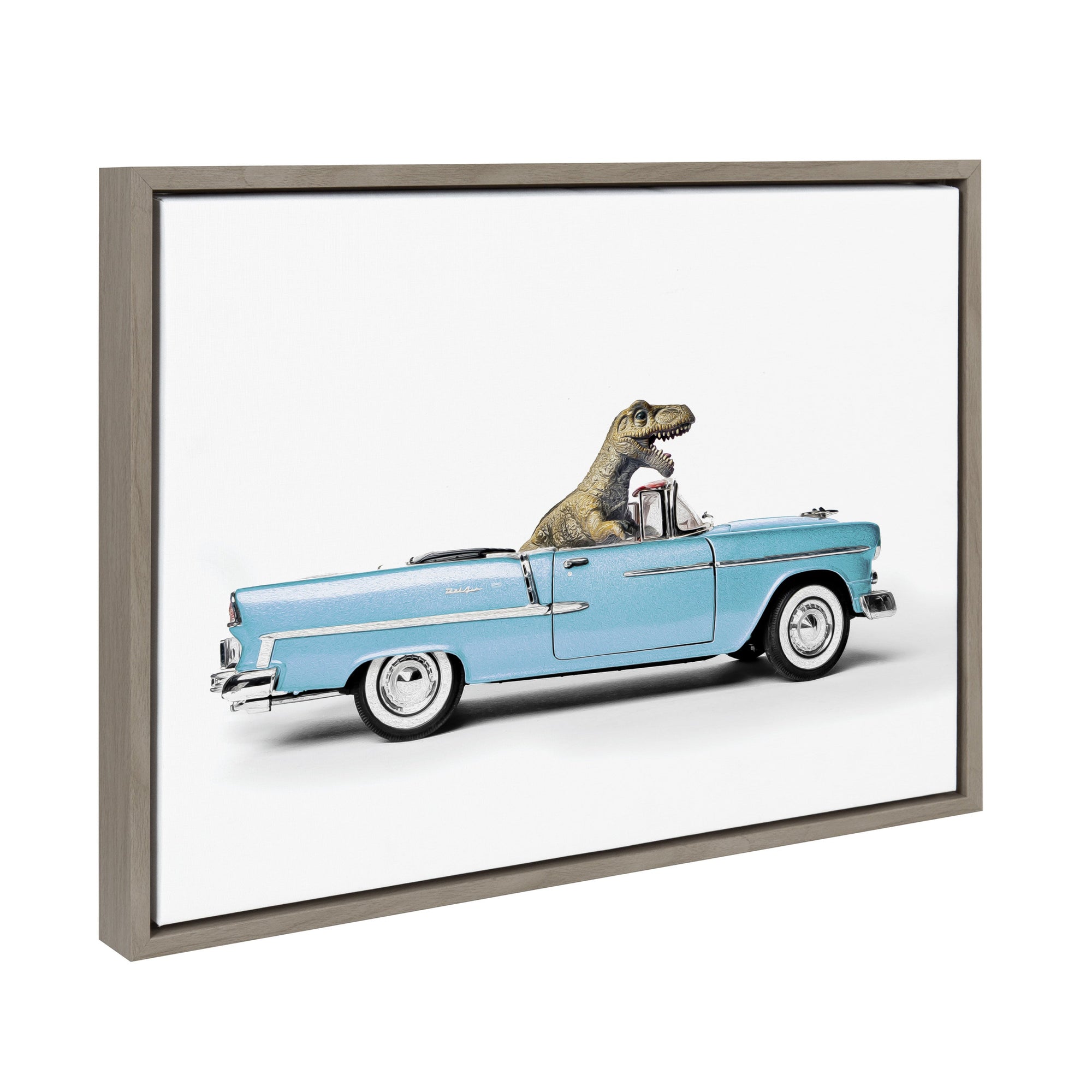 Sylvie Dino Driving 1958 Blue Corvette framed canvas art with a dinosaur driving a blue Corvette car