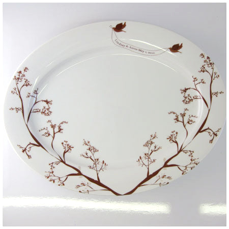 The Love Bird 2 Platter in chocolate and cobalt colors on a neutral background
