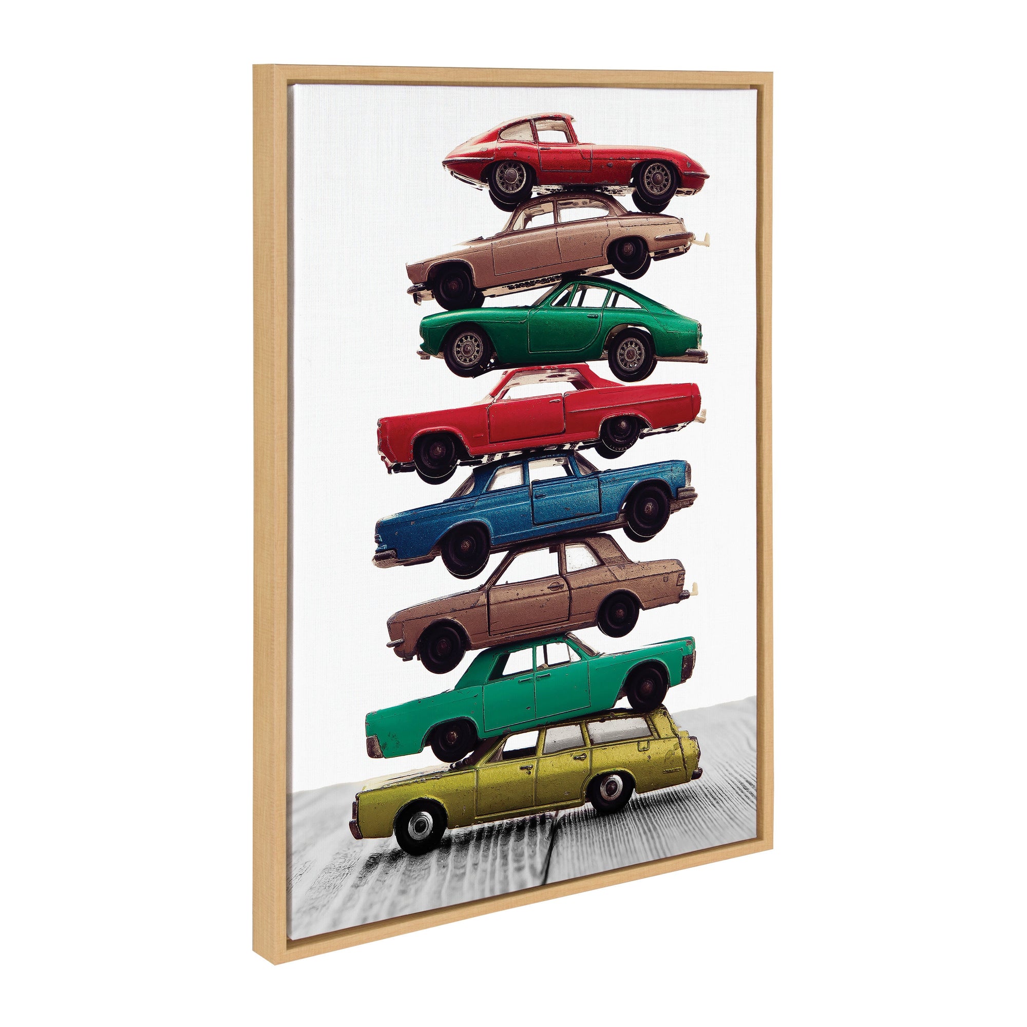 Sylvie Stacked Cars Vertical framed canvas showing colorful toy cars stacked vertically