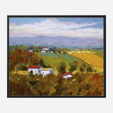 Impressionistic landscape painting of a rural field with three white houses with red roofs surrounded by golden and green vegetation under a partly cloudy sky.