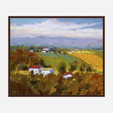 Impressionist landscape painting of green and golden fields with scattered white houses featuring red roofs under a cloudy sky.