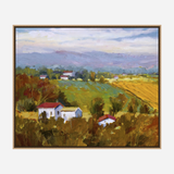 Impressionistic landscape painting featuring white houses with red roofs nestled among green and yellow fields under a cloudy sky.