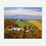 Landscape painting of a plowed field with green and yellow patches, surrounded by trees and small white houses with red roofs under a cloudy sky.