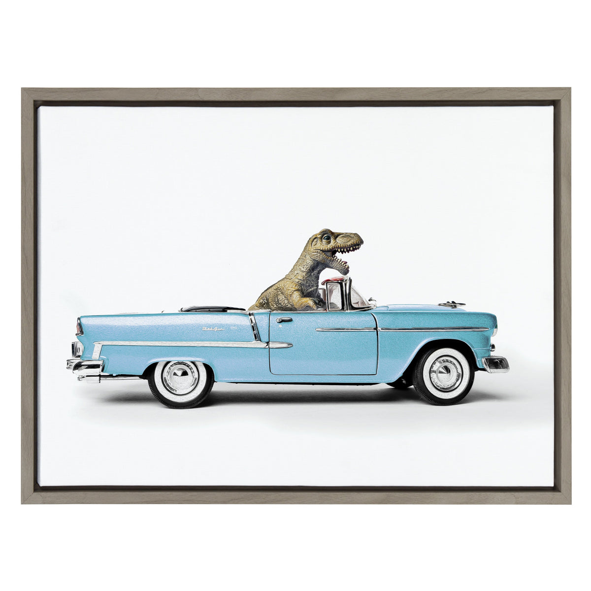 Illustration of a light blue 1958 convertible car with a small green dinosaur sitting in the driver's seat against a white background, framed in dark wood.