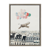 Gray elephant held aloft by colorful pastel balloons, floating above Parisian rooftops with the Eiffel Tower faintly visible in the background.