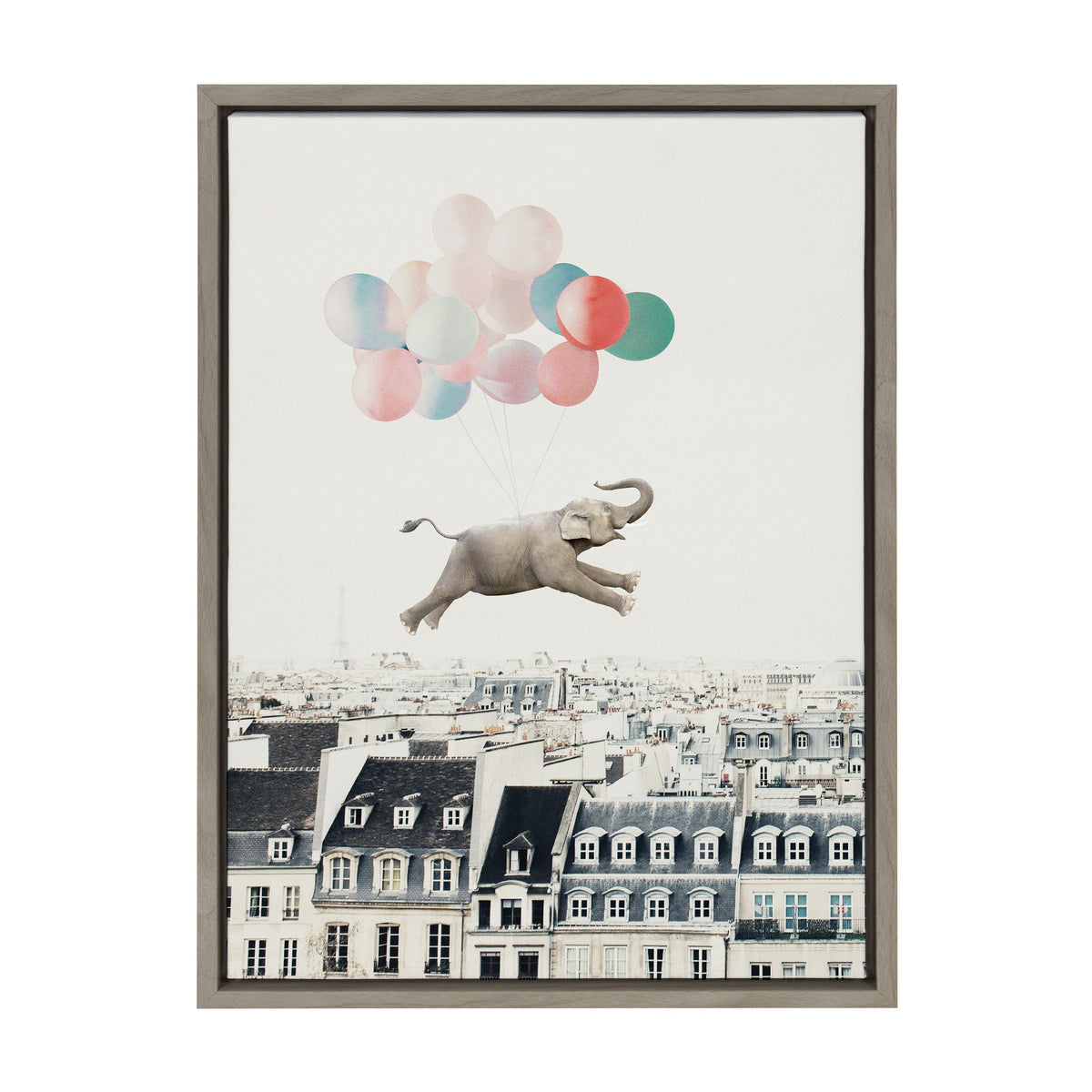 Gray elephant held aloft by colorful pastel balloons, floating above Parisian rooftops with the Eiffel Tower faintly visible in the background.