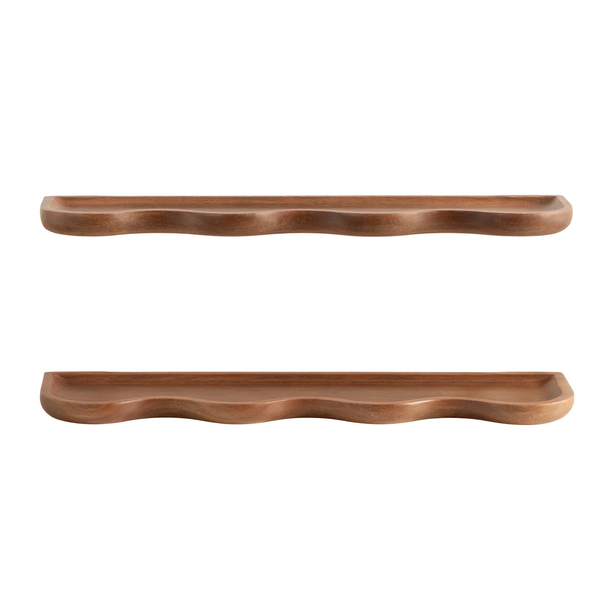 Two curved wooden shelves with smooth, wave-like carved fronts in a warm brown finish, shown against a white background.