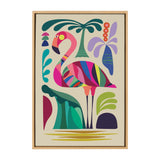 Abstract flamingo with colorful geometric shapes standing among stylized green and purple tropical plants on a cream background within a light wood frame.