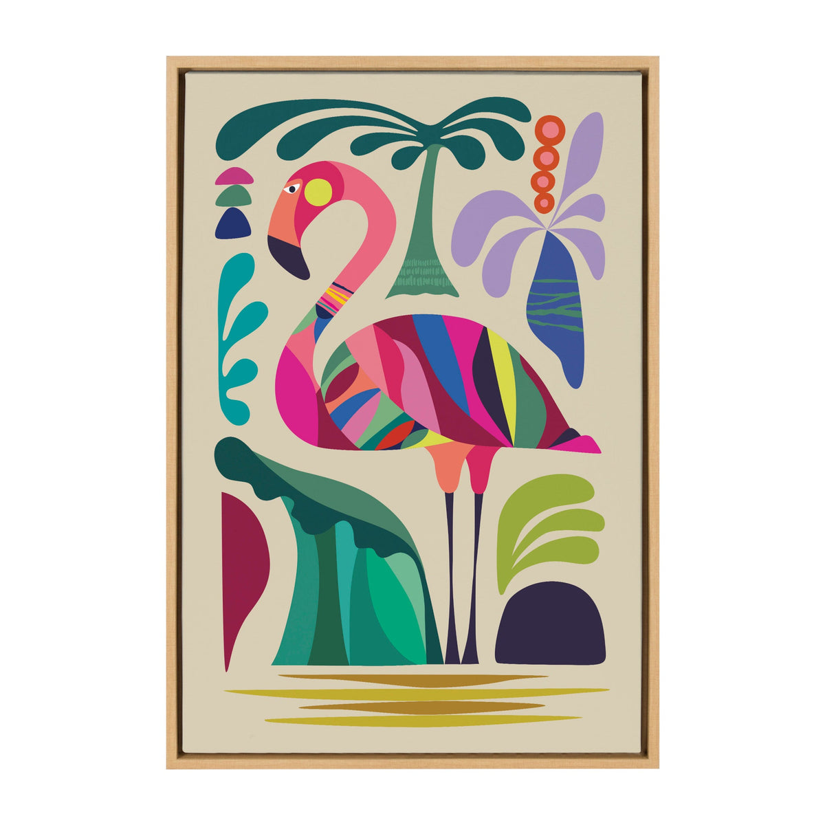 Abstract flamingo with colorful geometric shapes standing among stylized green and purple tropical plants on a cream background within a light wood frame.