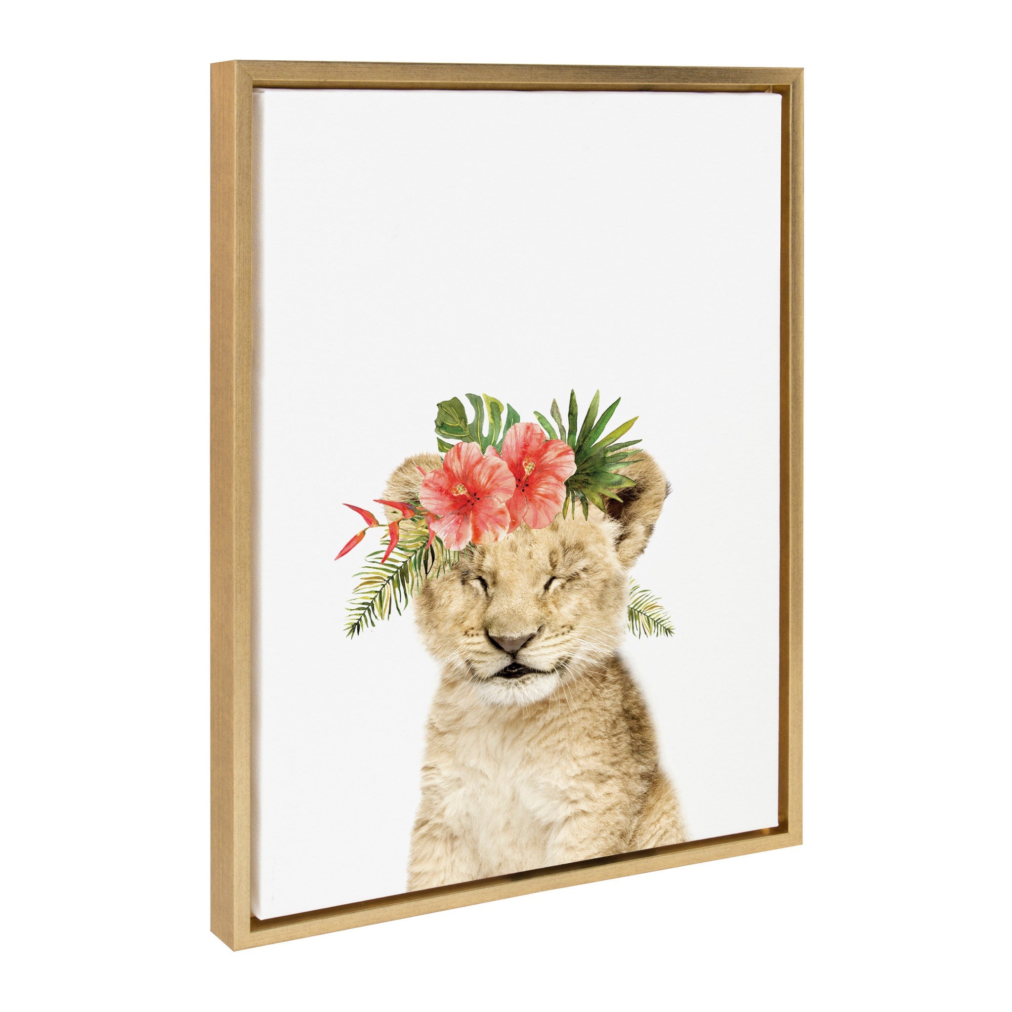 Framed canvas art showing a lion cub wearing a flower crown in bright gold tones
