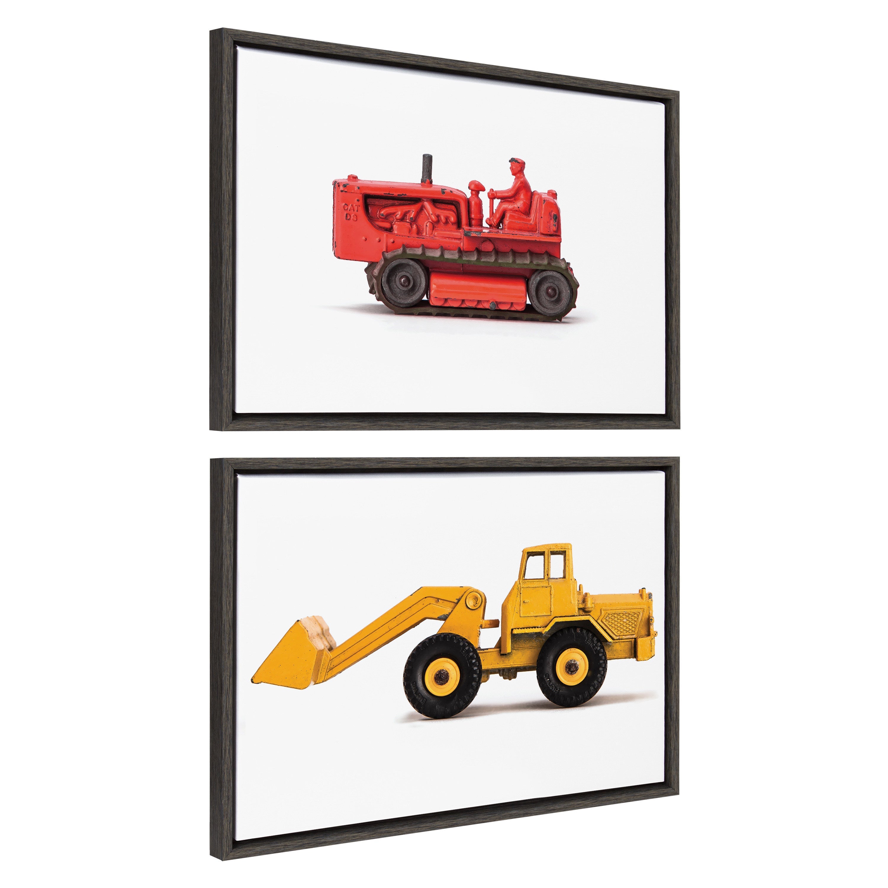 Sylvie Vintage Toy Bulldozer Red and Vintage Toy Front End Loader Yellow Framed Canvas Art Set by Saint and Sailor Studios