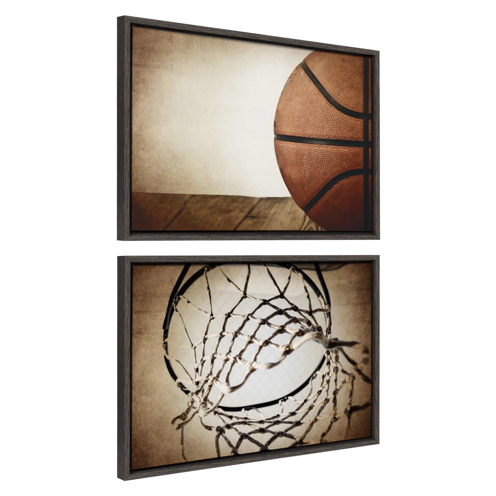 Sylvie Vintage Half Basketball and Vintage Basketball Net Framed Canvas Art Set